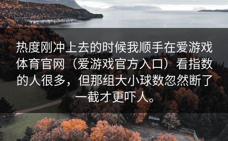 热度刚冲上去的时候我顺手在爱游戏体育官网（爱游戏官方入口）看指数的人很多，但那组大小球数忽然断了一截才更吓人。
